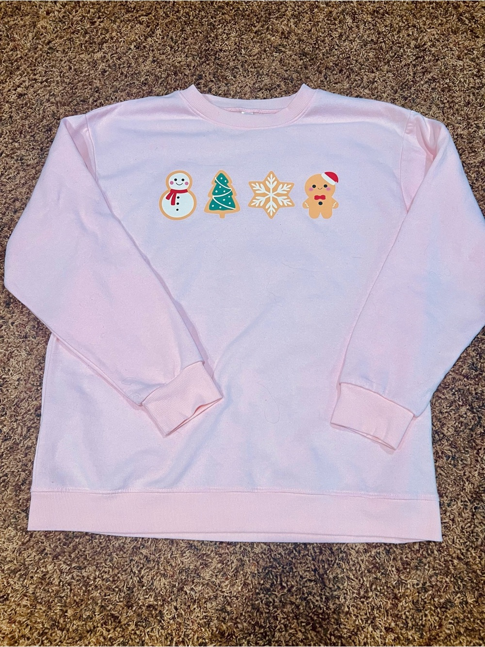 Cozy Pink Holiday Crewneck Sweater with Festive Icons